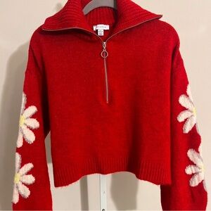 Red Floral Zip-Up Sweater